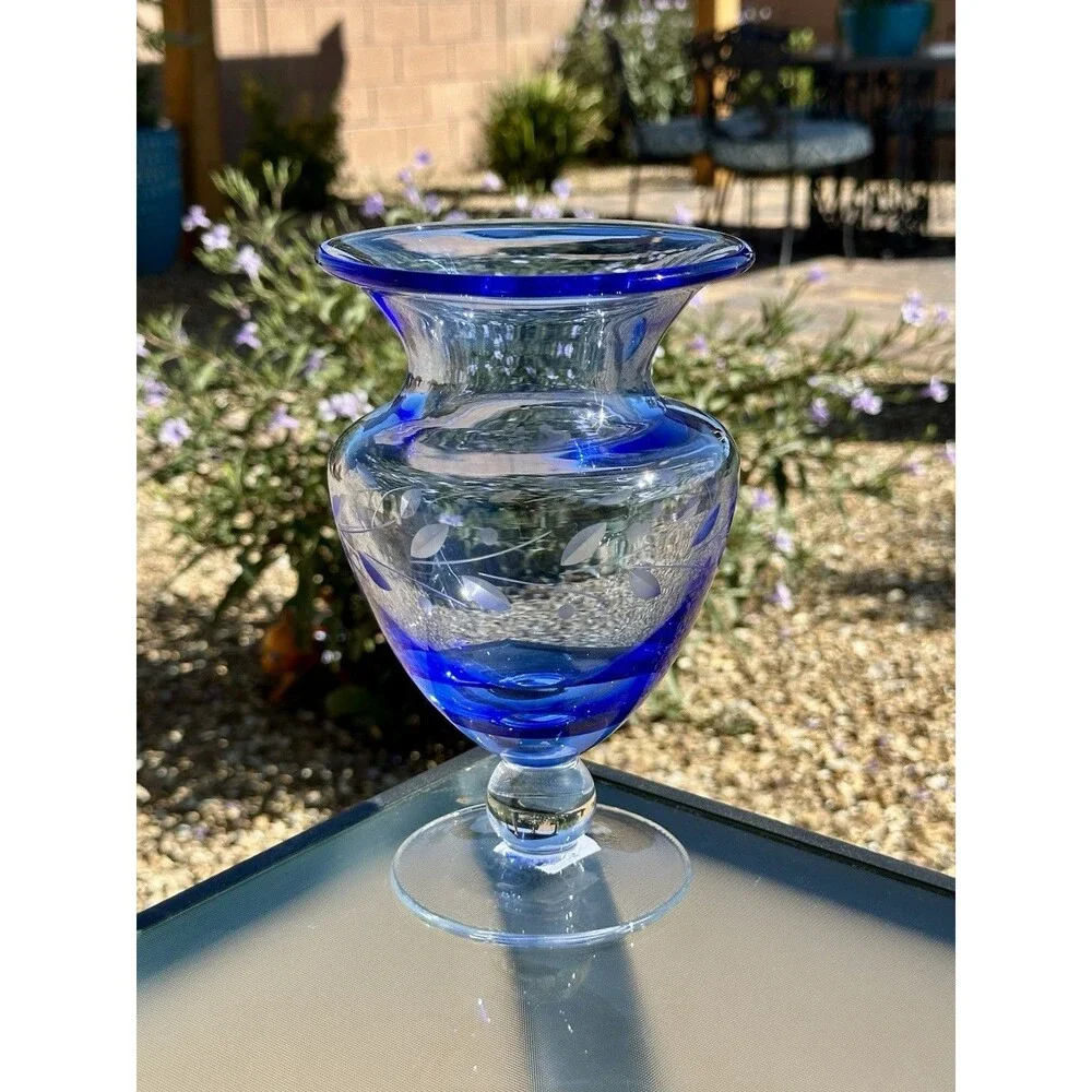 BELLA POTTERY BARN ETCHED Footed Blown Glass Vase w/ Ball Stem Blue 8